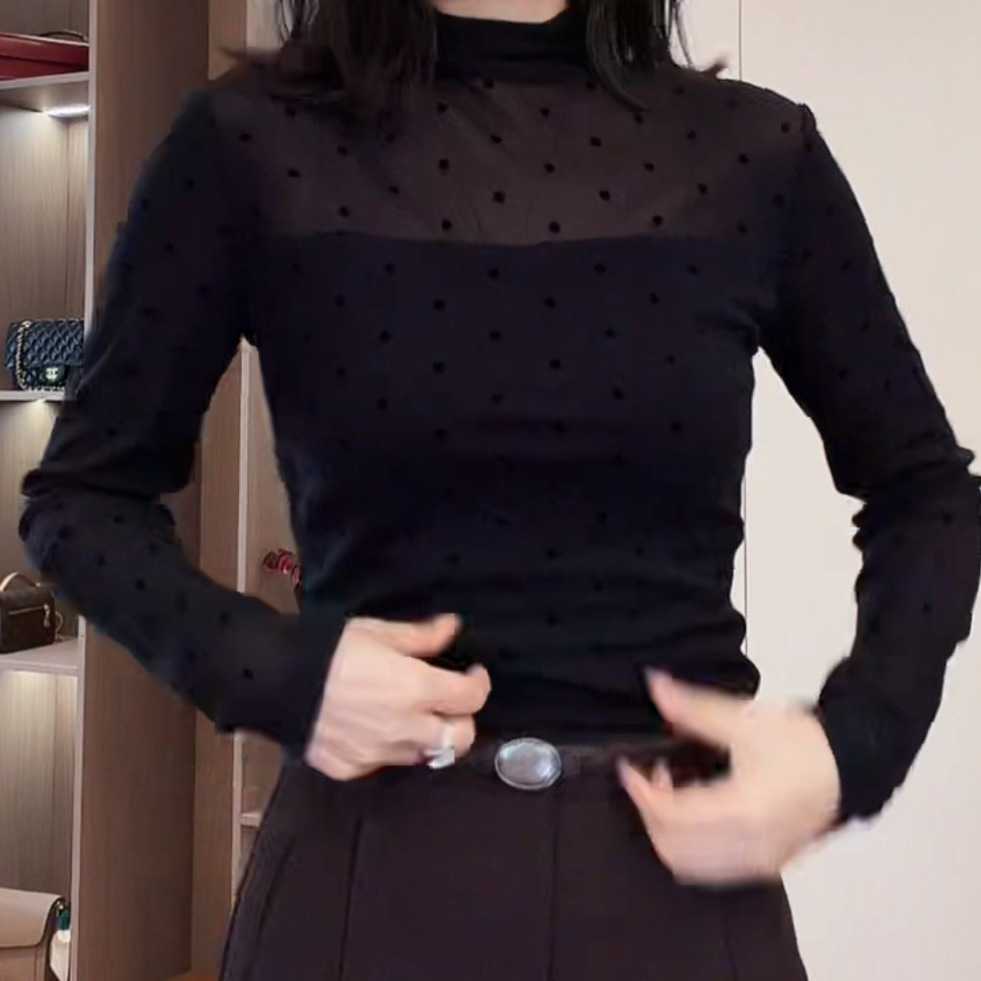 时尚木耳边长袖网纱内搭女士早