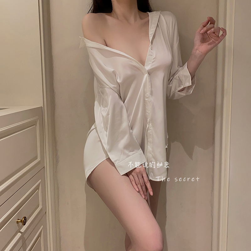 男友风2025新款冰丝衬衫睡裙性感睡衣女夏季高级大码纯欲情调制服