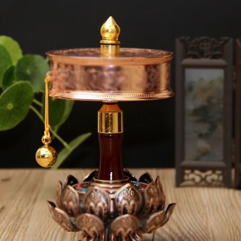 藏传八吉祥手摇转动铜底座合金莲花手摇底座藏族底座摆件3色可选