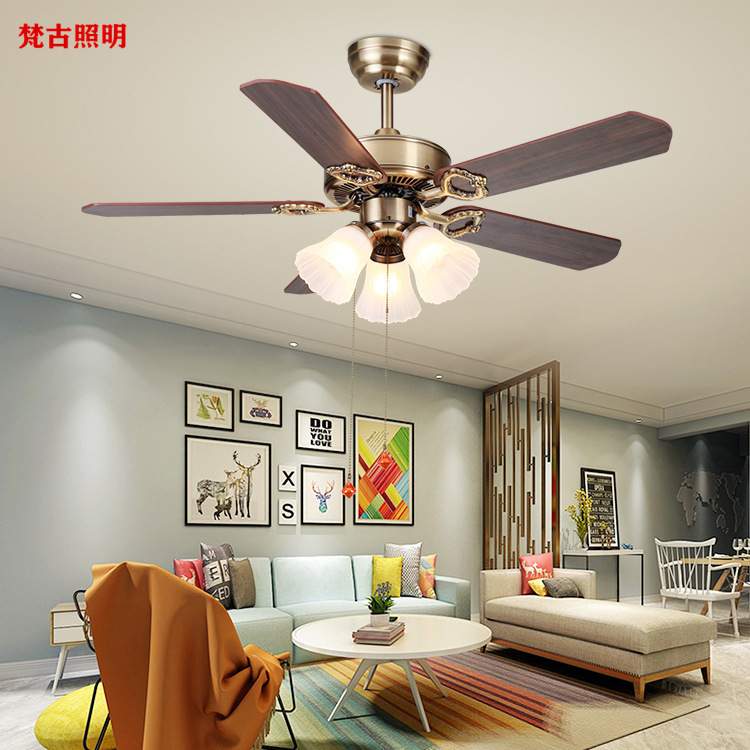 风扇灯52寸实木叶餐厅卧室大厅工业风吊扇灯美式复古风扇吊灯欧式
