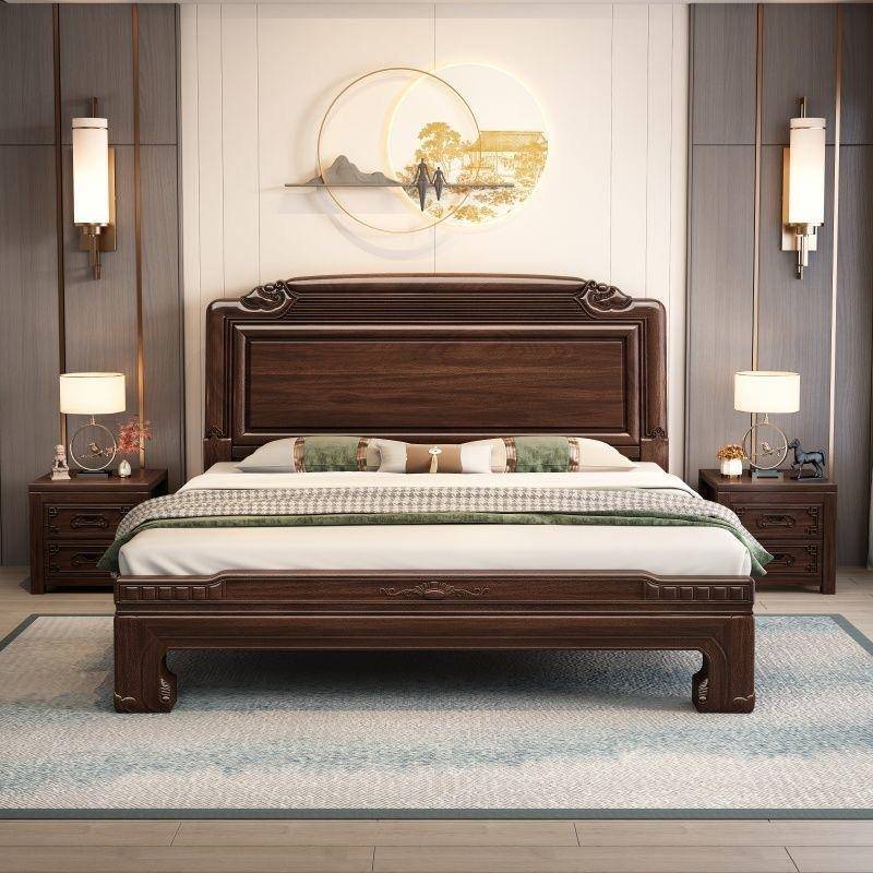 新中式实木床南美紫檀卧大床结1.人8M双主古典雕花榫卯构实TH-911