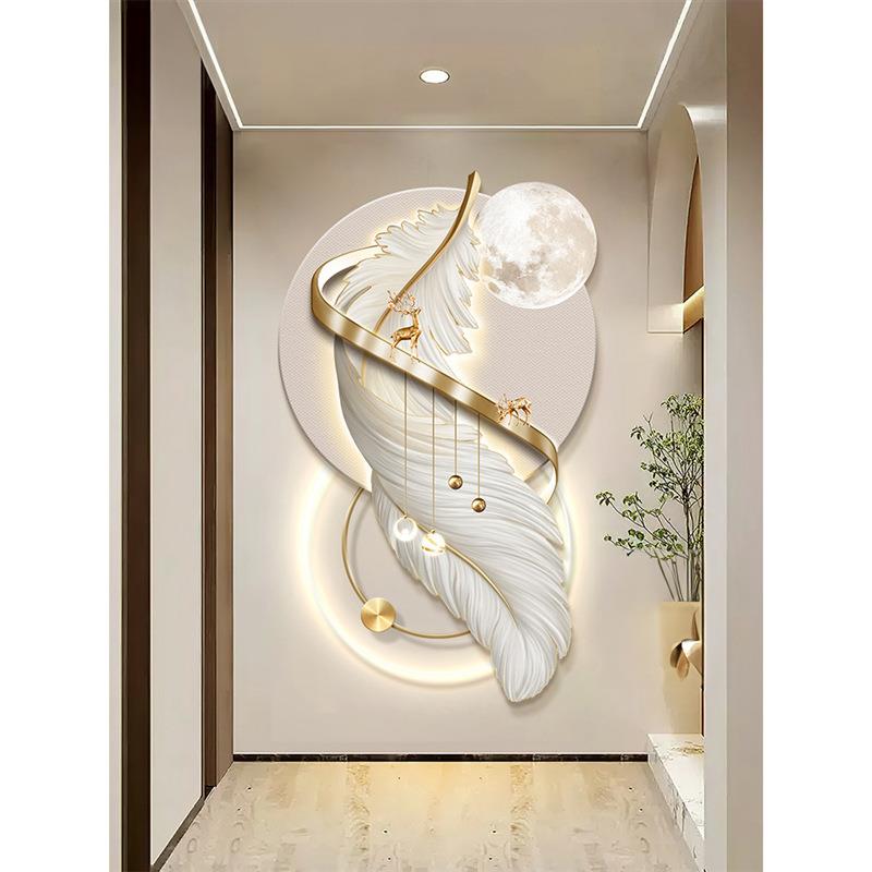 现代7344轻画奢入户玄关装饰客厅走过廊道带l毛ed灯羽挂画寓意好