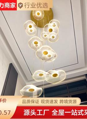 意复式挑16583高楼梯约长吊灯现代简创叶轻奢别墅挑空旋转楼梯间