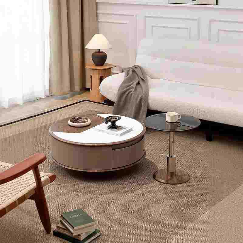 HJY2368茶几轻客奢岩板CHA圆茶家几奶油风可升降小户型厅形用边几