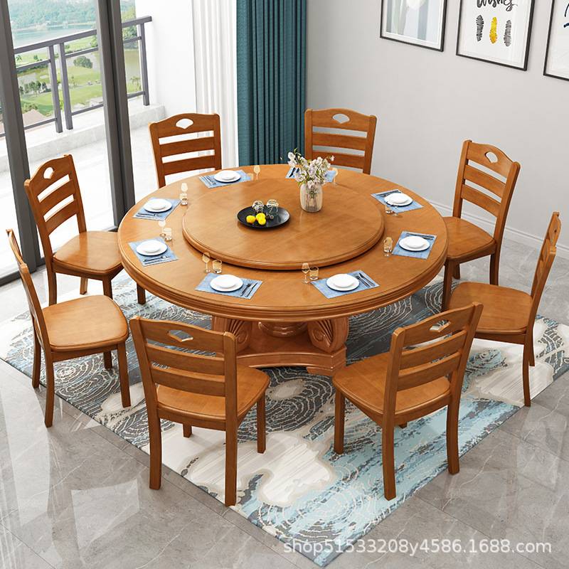 实木餐桌椅组合吃饭桌子带转盘酒店家用大型圆桌现代中式饭店餐桌