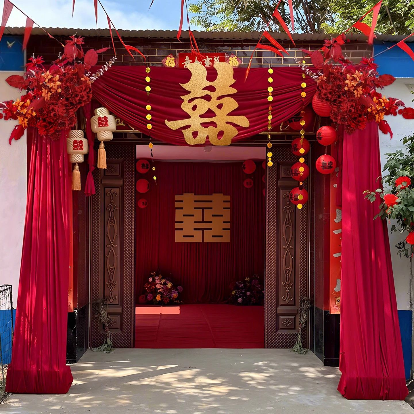 H7J农村结婚院子装饰庭院布置拉花大门布幔别墅红色灯笼长条喜字
