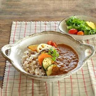 式粗陶做日TBJ旧汤面碗手作复古餐饭盘钵咖喱饭盘双盘耳盘美浓