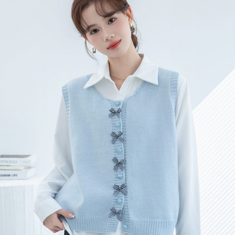 温柔风蝴蝶结针织马甲开衫套装女秋冬新款甜美宽松叠穿衬衫两件套