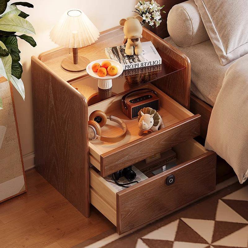 实木床头柜简约现代家用卧室床边置物架带指纹锁储物柜小型保险柜