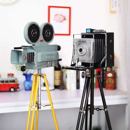 老式铁艺落地三脚架相机模型工艺品摆件复古装饰品摄影道具