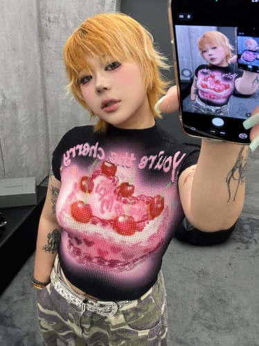 “CHERRY”手绘原创樱桃蛋糕褶皱高弹印花辣妹T恤微胖中大码上衣