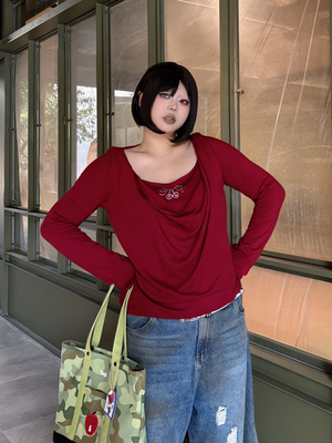 3ANKYUU纯欲风荡领拼接假两件长袖T恤女修身显瘦内搭打底上衣