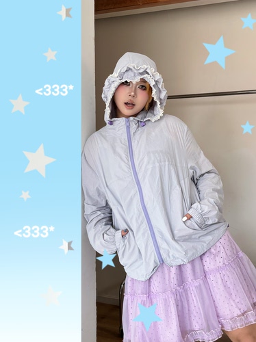 “花芯”韩系ins风轻亚花边拼接多层帽春夏大码胖mm防晒服upf50+
