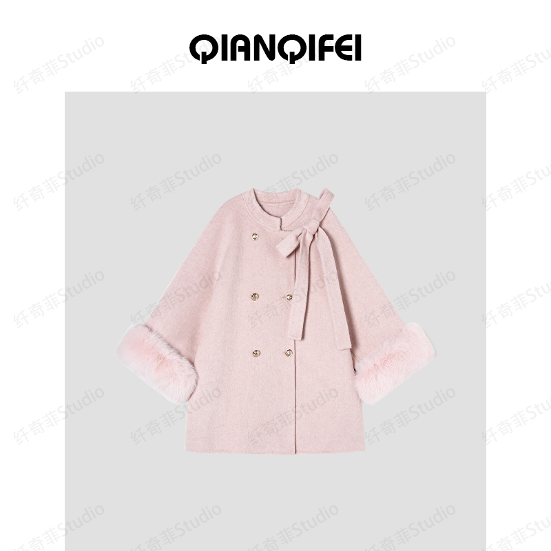 11.21F C【温妮千金】新款甜美金扣蝴蝶结毛毛双面大衣 88087