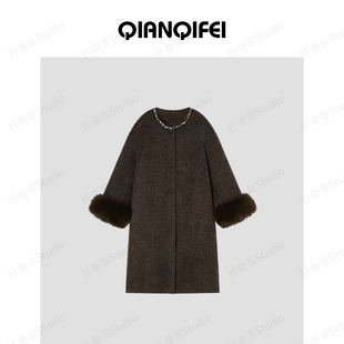 24H 编织圆领直筒双面大衣 留洋白月光 复古毛毛袖 25109 新款