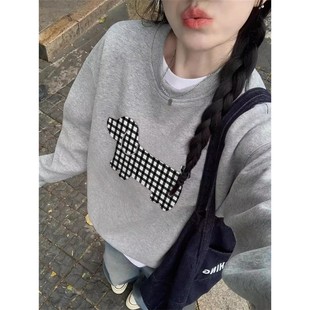 美式灰色正肩无帽卫衣女款加绒加厚内搭打底衫圆领宽松慵懒风上衣