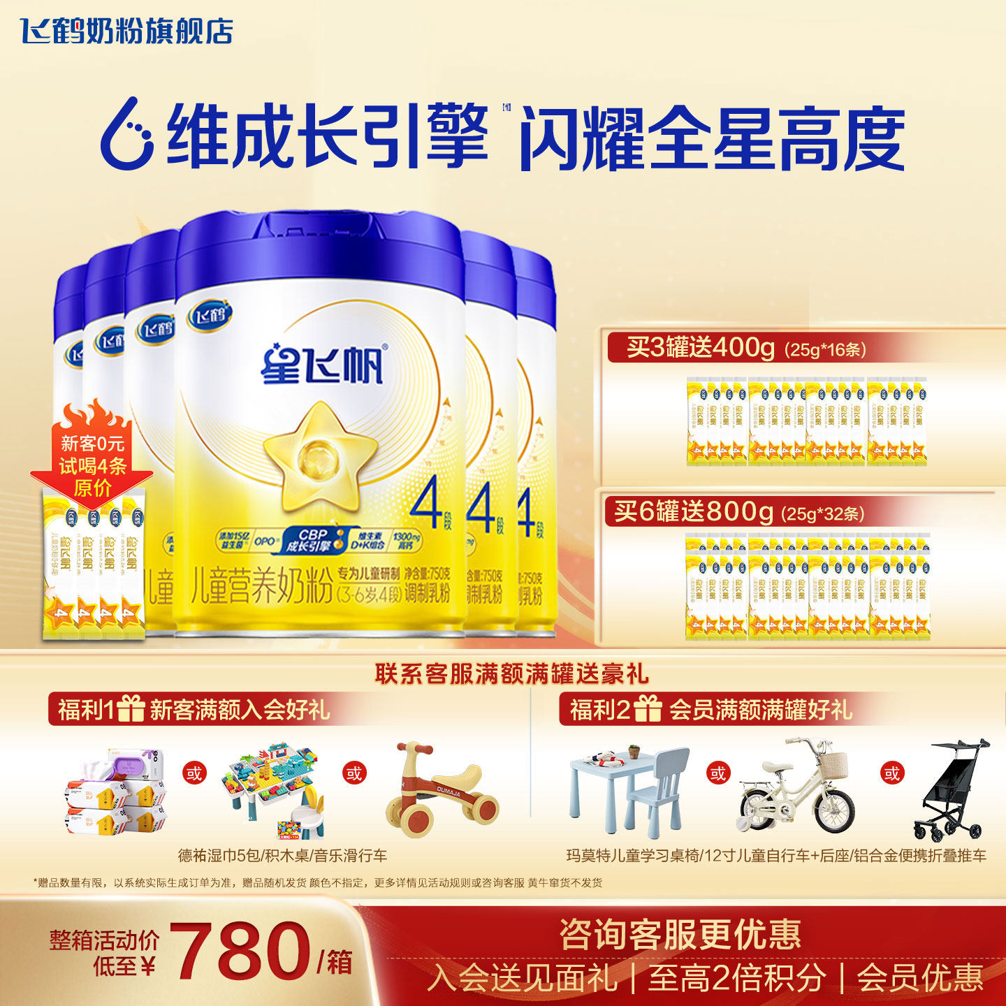 聚惠|飞鹤星飞帆4段奶粉6罐旗舰店儿童成长学生四段官方正品750g
