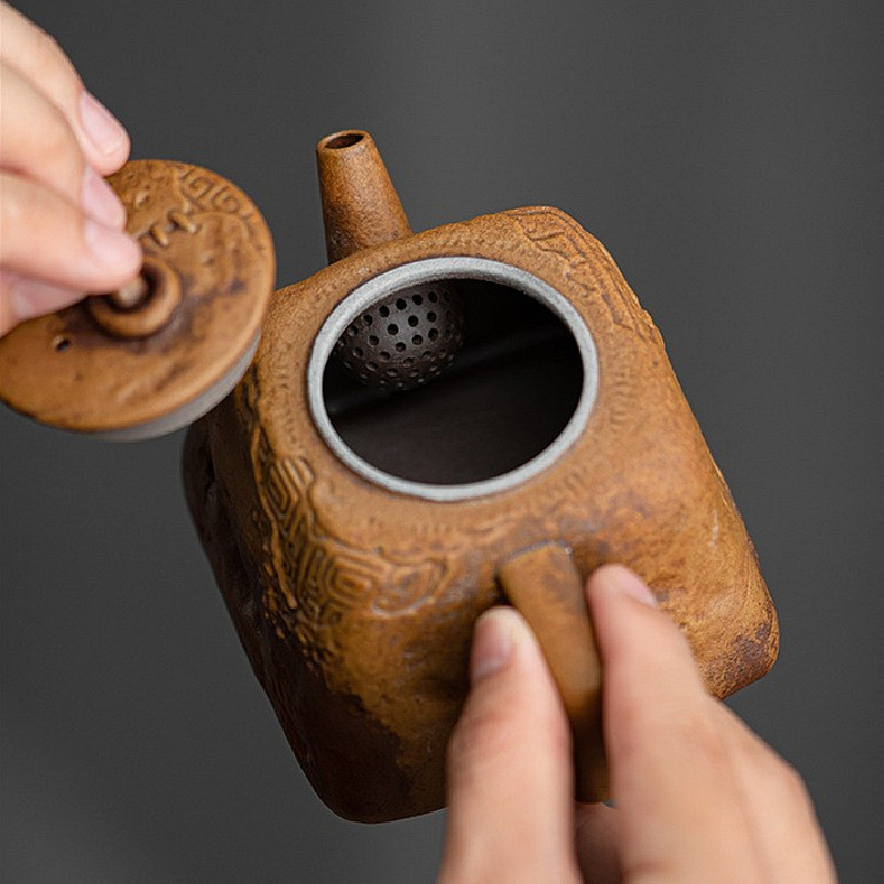 酱釉老岩泥四方汉中壶茶壶国风复古泡茶壶陶瓷过滤球X孔粗陶泡茶