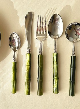 西餐具牛排刀叉套装出口创s意深绿色竹节轻奢高级304不锈钢刀叉勺