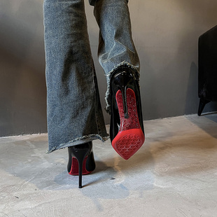 水钻红底高跟鞋女细跟秋冬2025新款绝美御姐性感黑色漆皮尖头单鞋