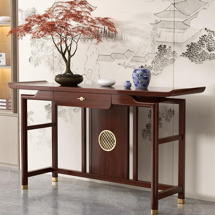 新中式实木玄关桌乌金色榆木条案供台现代简约轻奢入户门厅端景台