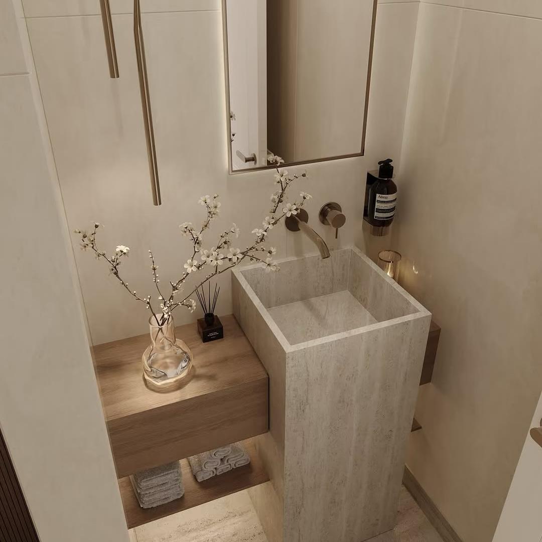 【高端设计师定制】石灰华台盆酒店家居落地式面盆面盆