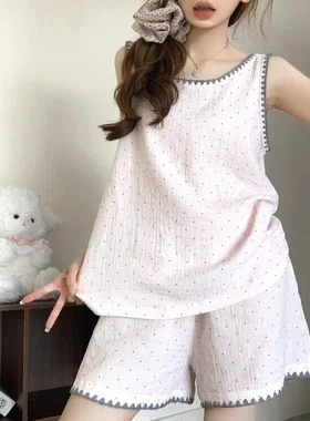 安于心粉色波点双层棉纱少女夏季睡衣套装2026新款全棉吊带家居服