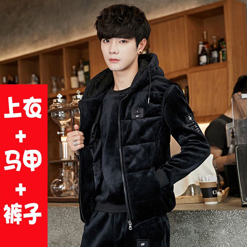 欧洲站潮牌男装个体店金丝绒卫衣三件套保暖加绒加厚套装运动套装