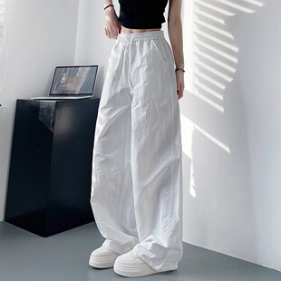 裤 丫乎乎白色不透速干裤 高腰褶皱运动工装 轻薄显瘦遮肉阔腿裤 夏季