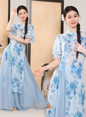 新款古典舞身韵新中式旗袍纱衣飘逸裤裙中国舞民族舞蹈演出练功服