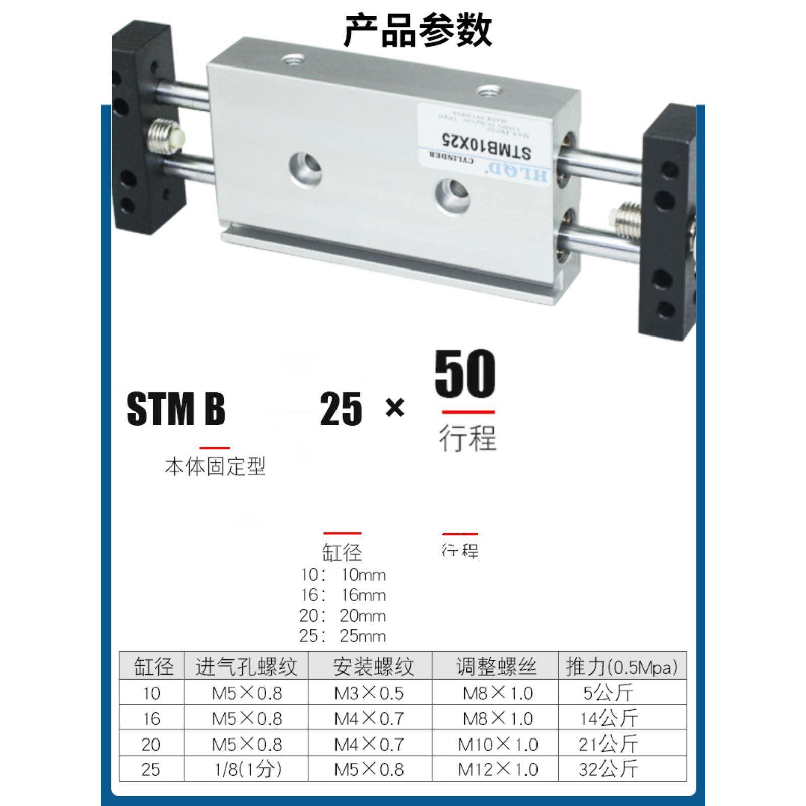 STMB STMS双杆滑台气缸16/20/25X50X100X150X200双杆双轴双出气缸