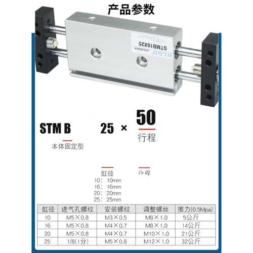 STMB STMS双杆滑台气缸16/20/25X50X100X150X200双杆双轴双出气缸