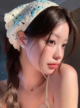 三角针织头巾女法式田园风海边度假发带2024新款高级碎花丝巾头饰