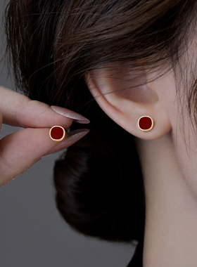 S999纯银针养耳洞红色耳钉女精致高级感耳环2025新款爆款百搭耳饰