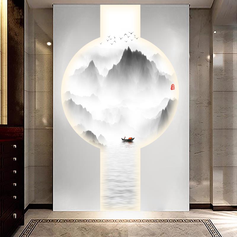 现代新中式背景墙壁纸壁画墙纸墙布山水水墨画芯定制玄关茶室书房