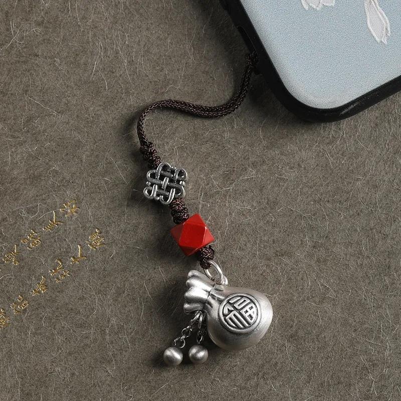 福袋招财钱袋手机挂绳泰银创意挂绳挂件挂饰新女士吊坠银饰手机挂