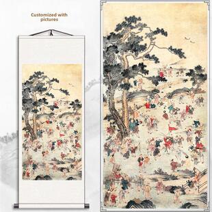 客厅竖版百子图挂画玄关好运纳福百子迎福装饰画办公室卷轴壁画