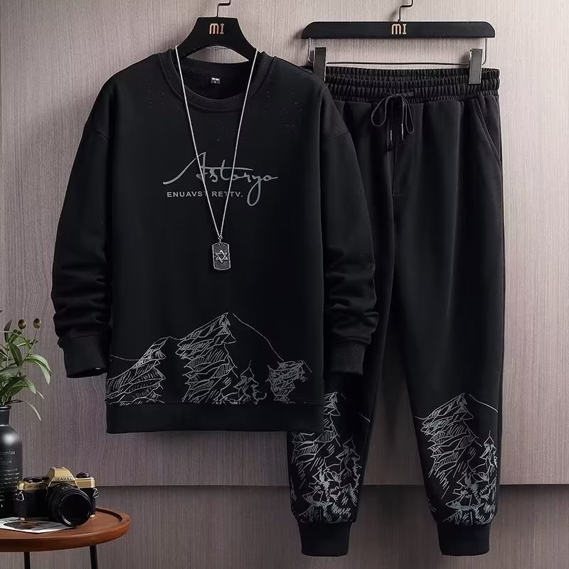 现货加绒/渐变连帽卫衣男士套装休闲中学生韩版运动服春秋潮流帅