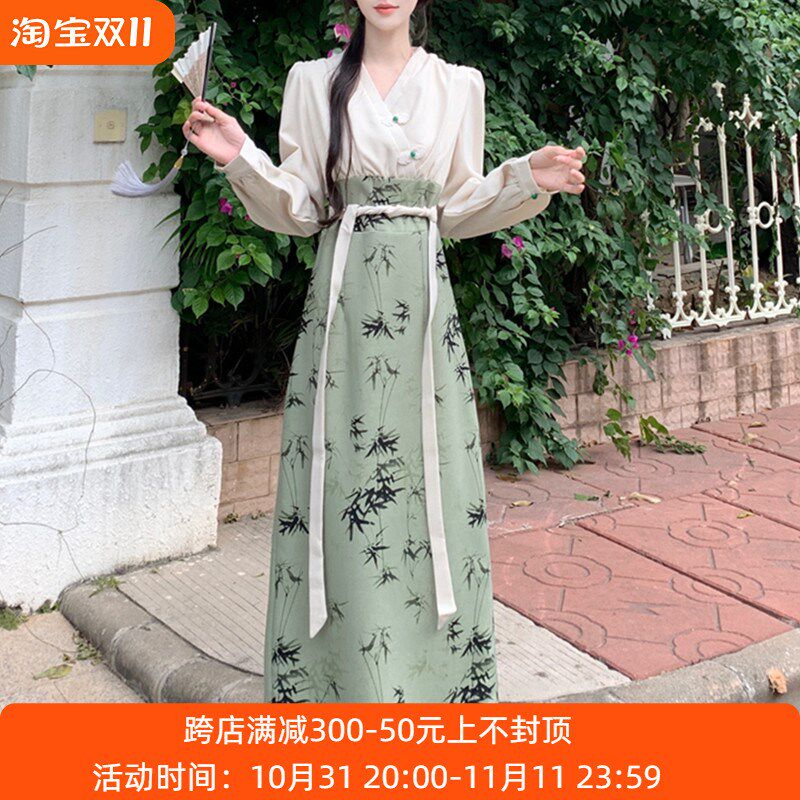 速发知竹复连风日常穿汉服衣裙春秋大码气质印花新中式国风古长裙