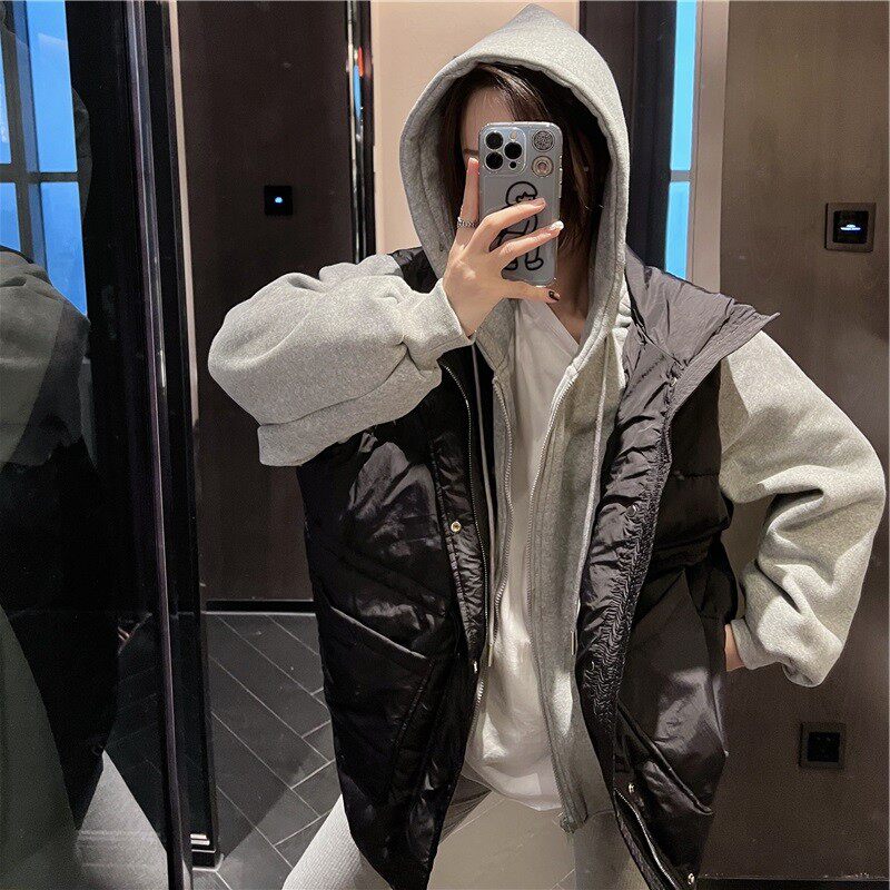 速发大码装秋冬新款棉味假两件连帽衣衣马甲港服外套加厚棉卫潮