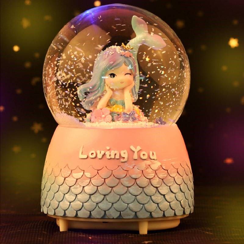 速发雪花美孩水晶球音乐盒八音盒生十岁儿童生礼日物小人鱼摆件