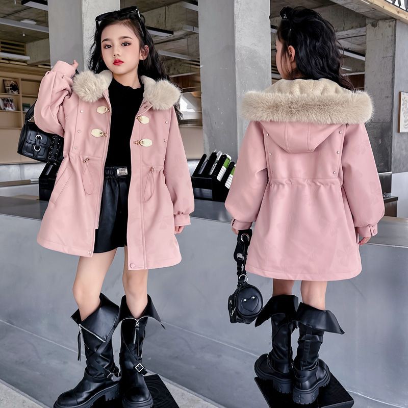 女童皮衣派克服2025冬装新款加绒外套洋气加厚中长款儿童连帽风衣
