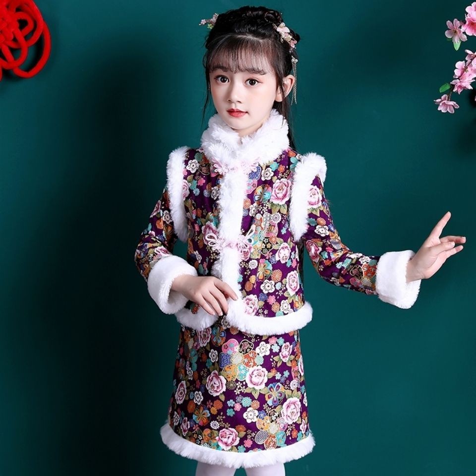 女童旗袍冬款加厚加绒长袖儿童拜年服宝宝新年装改良棉服洋气唐装