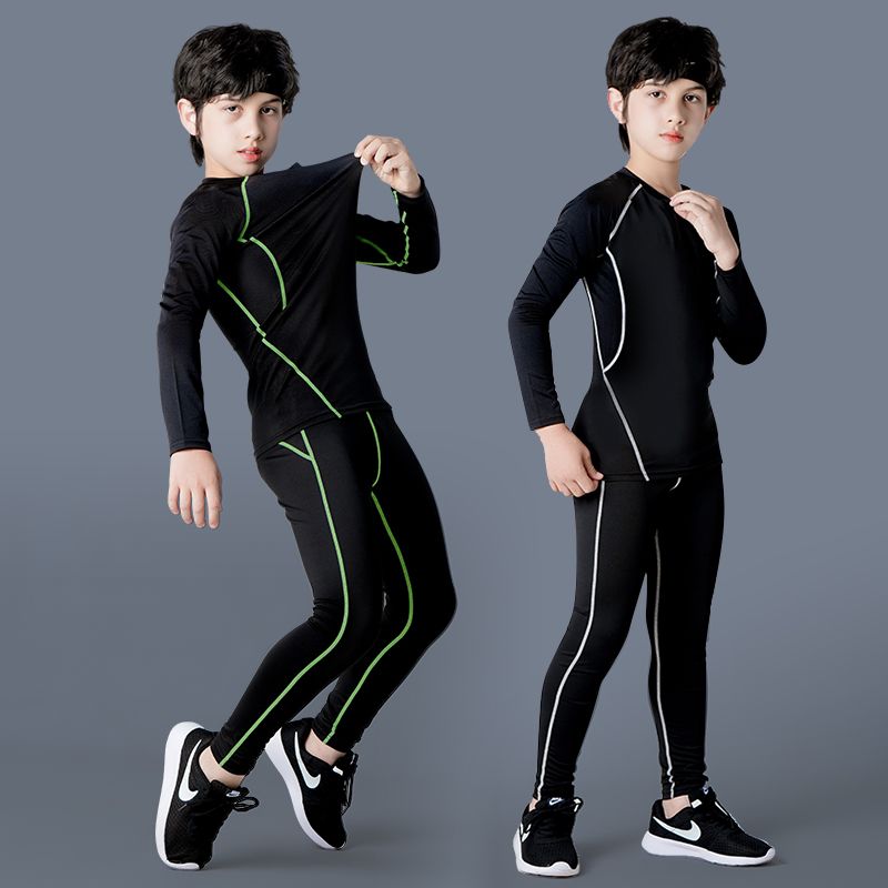 儿童运动紧身衣训练服套装长袖跑步男童篮球健身服秋冬足球打底服