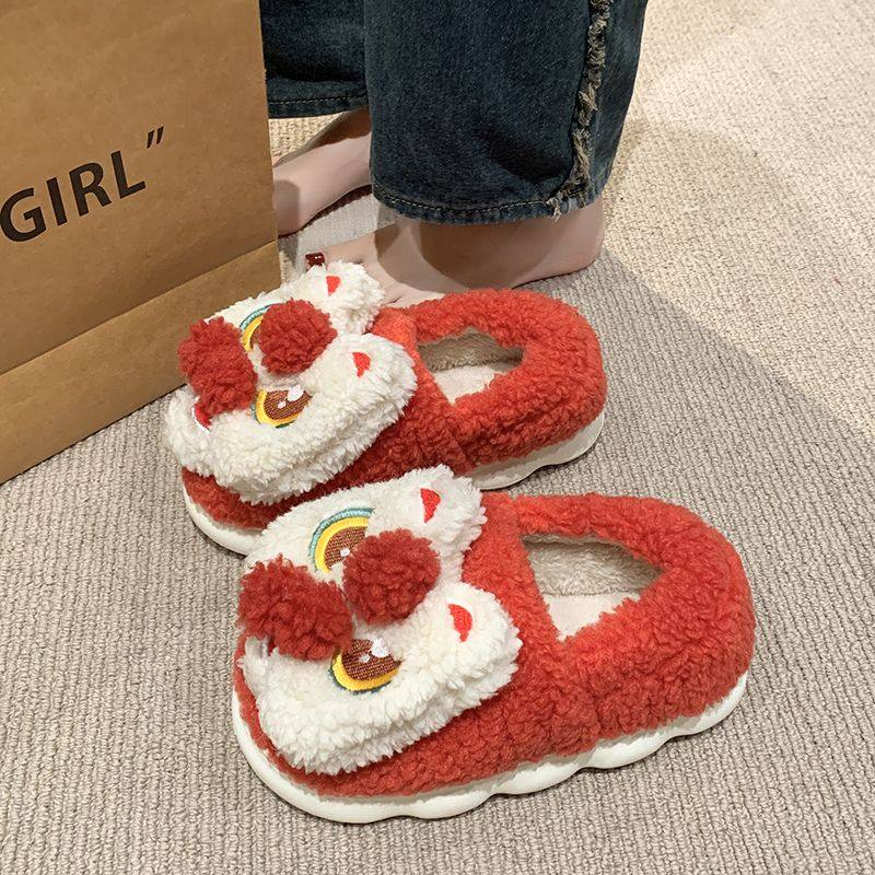 醒狮棉拖鞋女冬季包跟保暖室内家居防滑国潮喜庆红色加绒棉鞋外穿