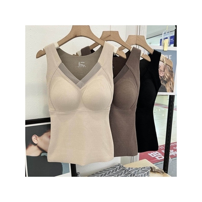 8803德绒石墨烯保暖发热背心女士V领背心免穿文胸一体杯打底上衣