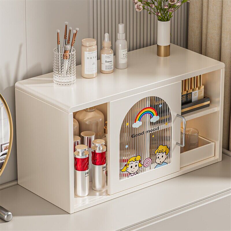桌面收纳盒化妆品置物台面防尘柜办公室抽屉储物柜杯子架带门家用