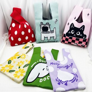 新款时尚卡通针织手提包女时尚百搭外出上班小拎包便当袋饭盒袋子