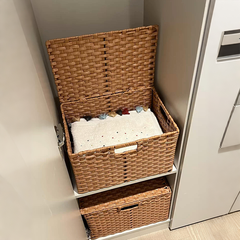 【新家100个快递】衣服柜收纳筐带盖家用大容量仿藤编整理储物筐
