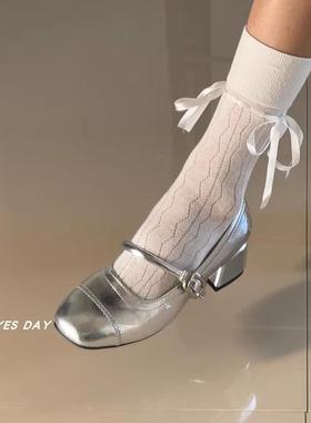 YesDay银色方头百搭厚底小皮鞋女2025夏季新款法式温柔玛丽珍单鞋